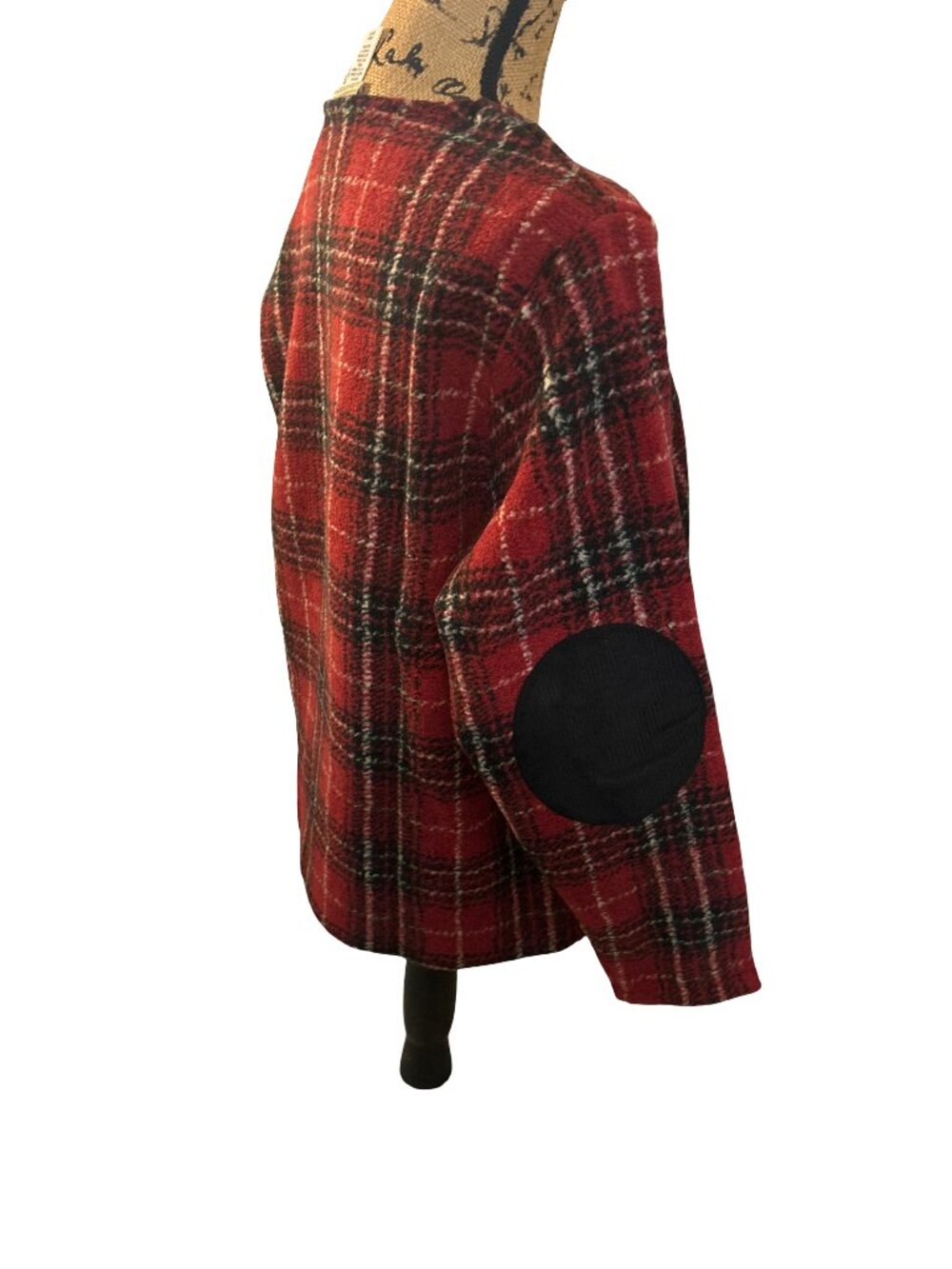 Vintage Coldwater Creek Red Plaid Fleece Pullover Top Elbow Patches Size Medium